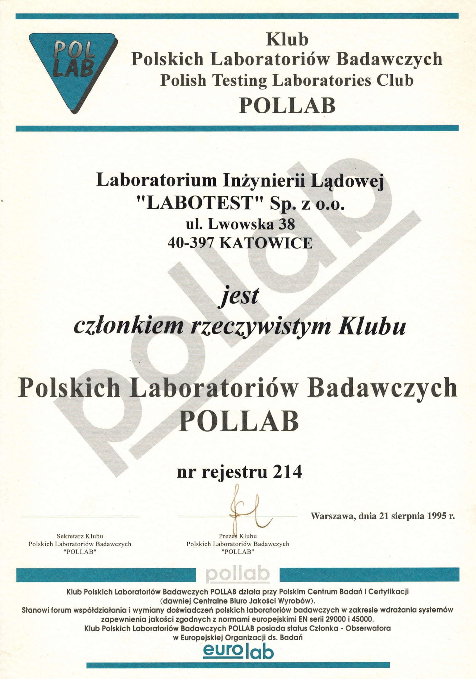 Certyfikat POLLAB
